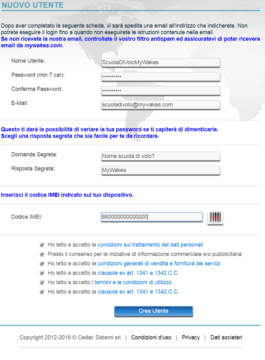 registra gps tracker nuovo utente mywakes